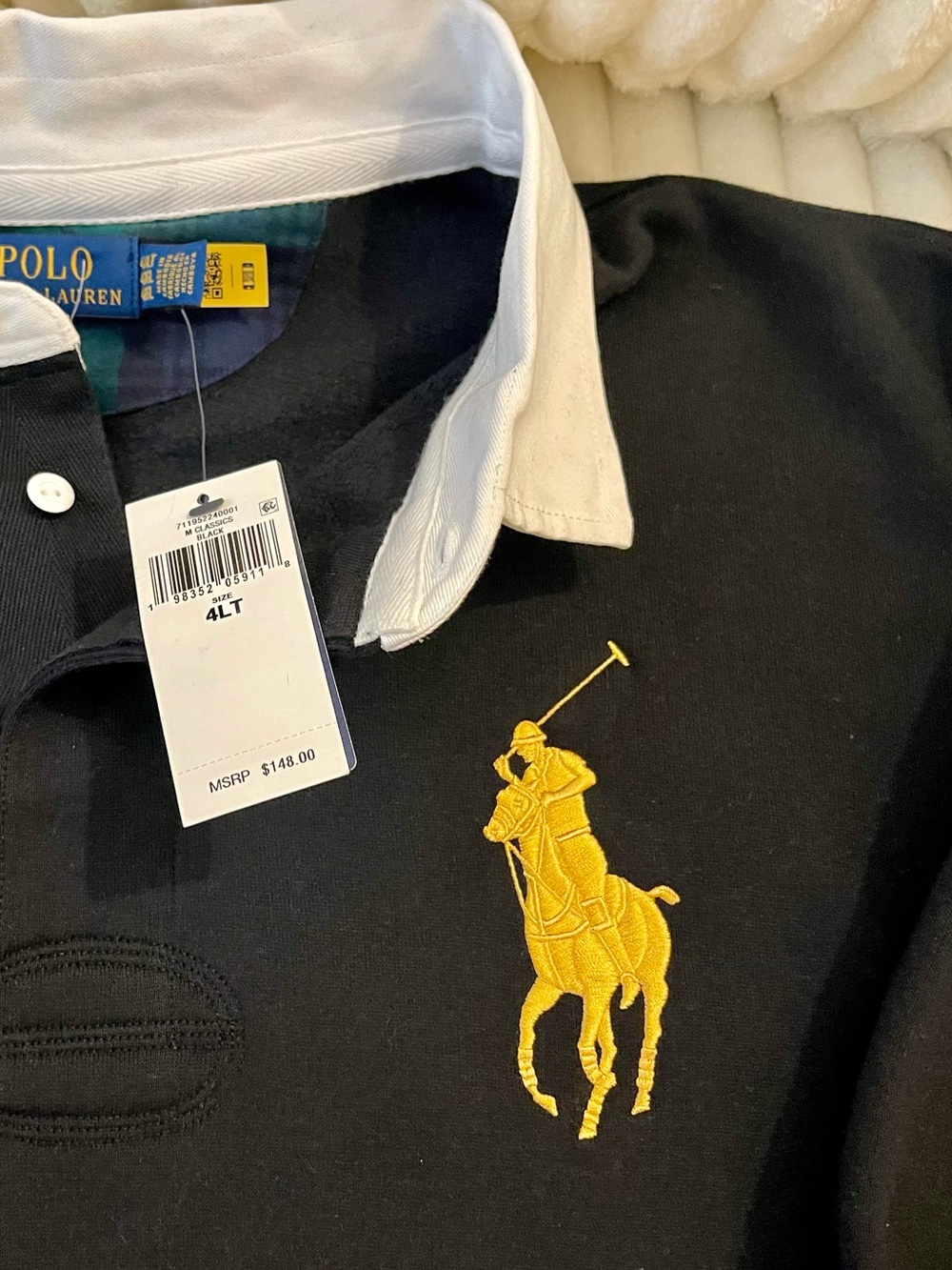 Polo by Ralph Lauren Black Rugby Shirt w/White Collar x Yellow Logo LT